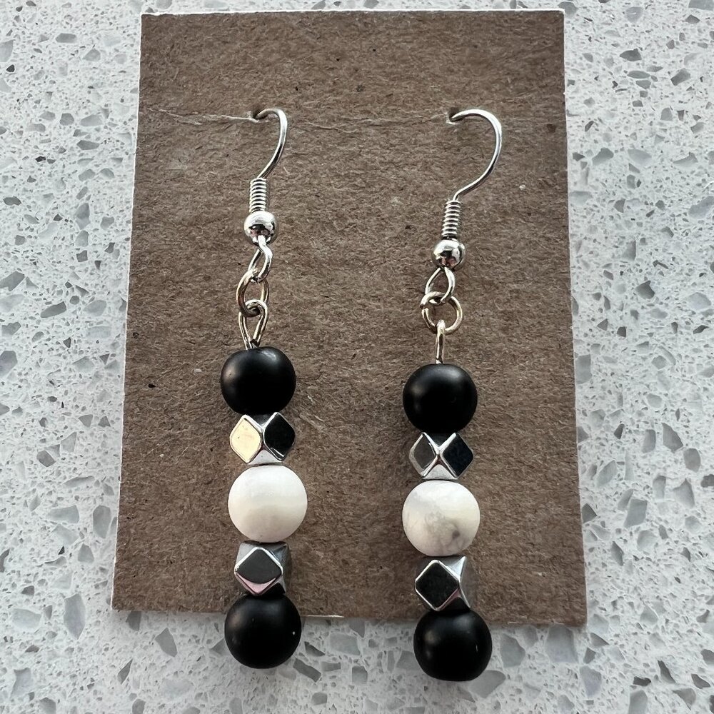 Handmade Black and White Beaded Dangling Earrings